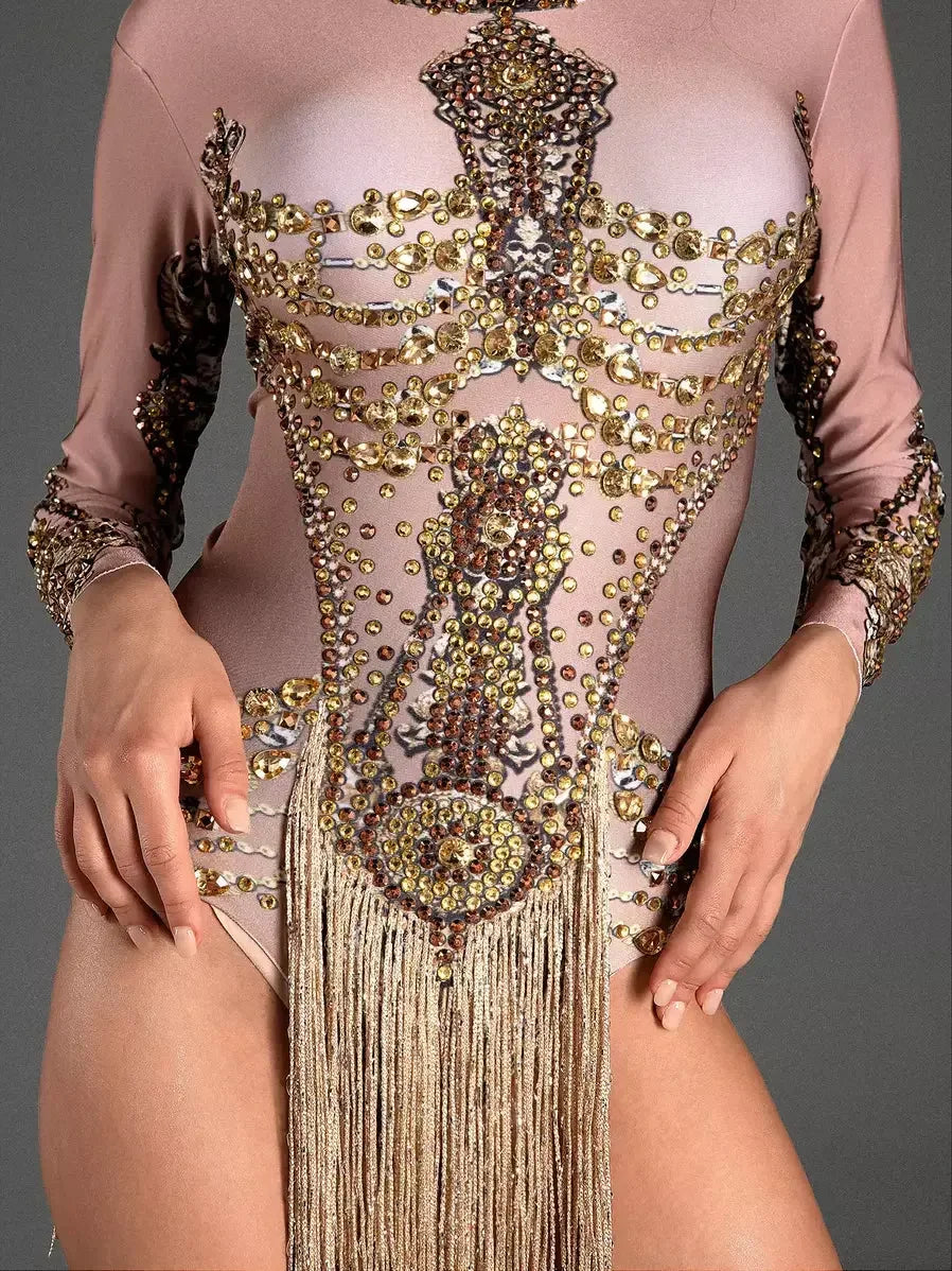 Gold Fringed and Rhinestone Embellished Gladiator Style Bodysuit - Suits & Sets