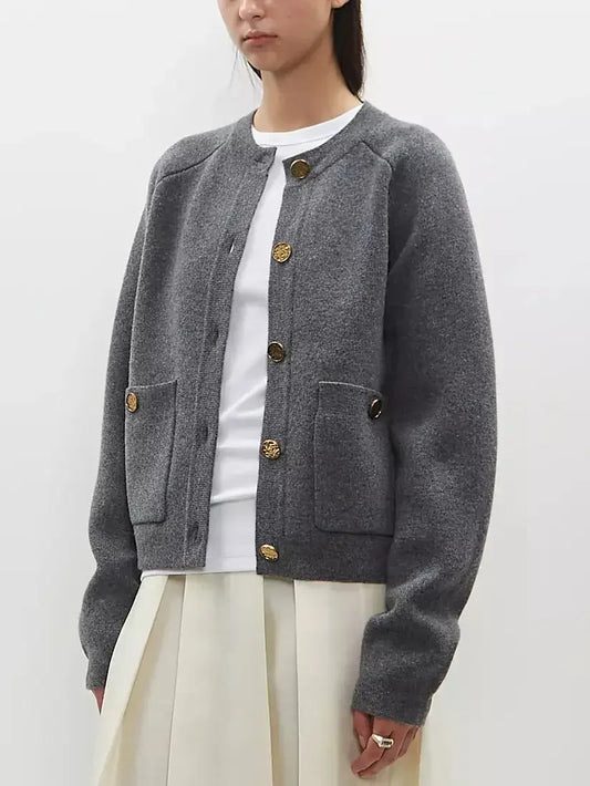 Gold Hammered Button Wool Cardigan Sweater in Grey - Sweaters & Knitwear