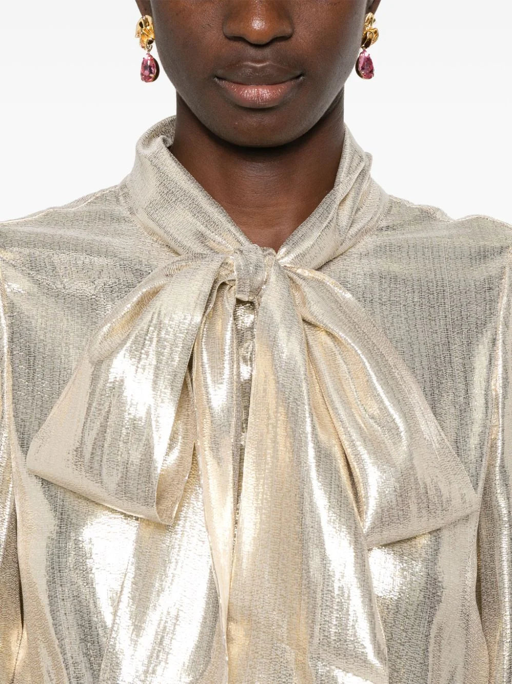 Gold Lamé Tie-Neck Shirt - Tops