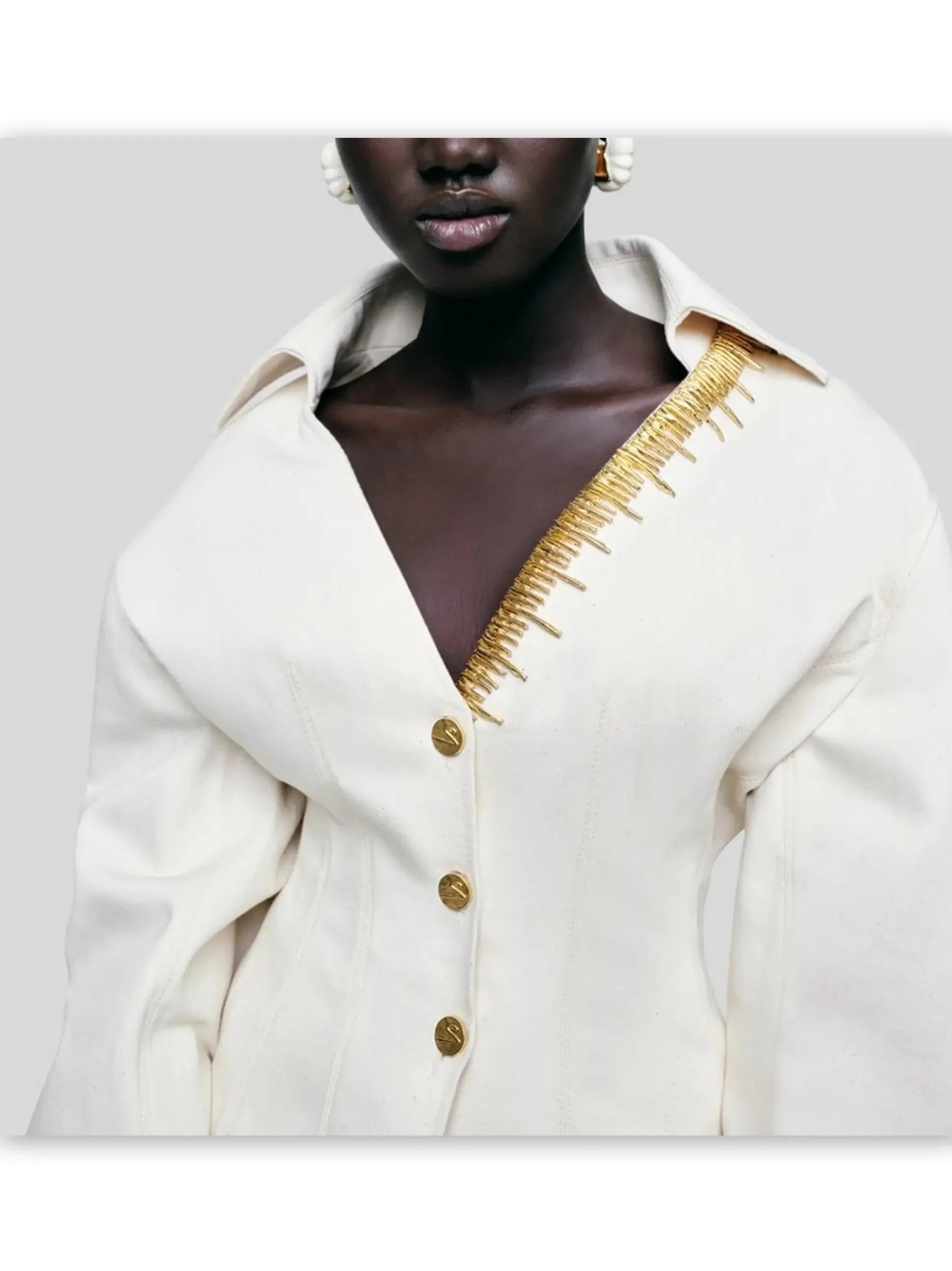 Gold Metal Detailed Denim Shirt Jacket - Tops