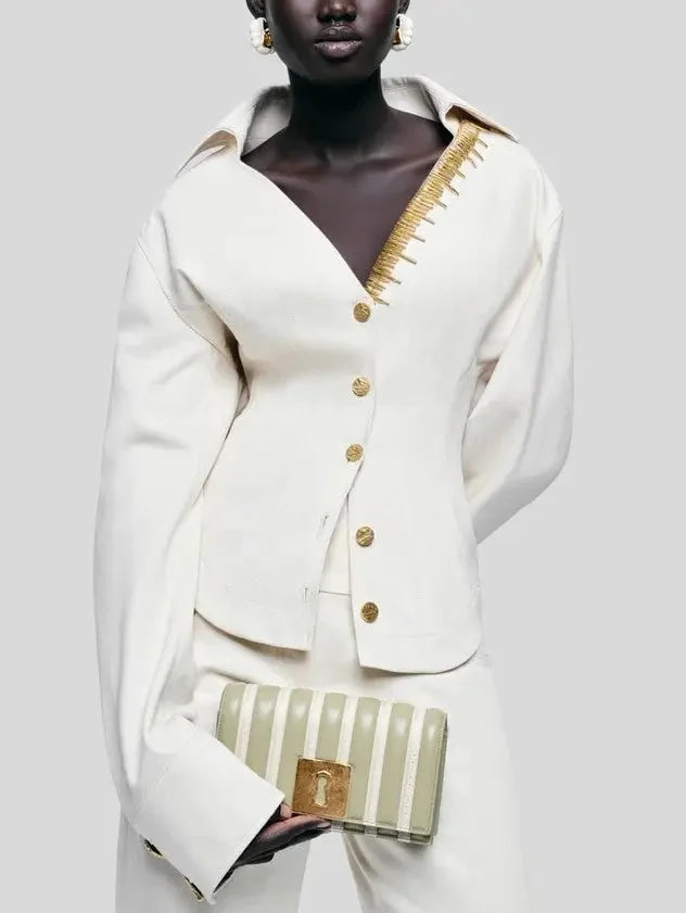 Gold Metal Detailed Denim Shirt Jacket - Tops