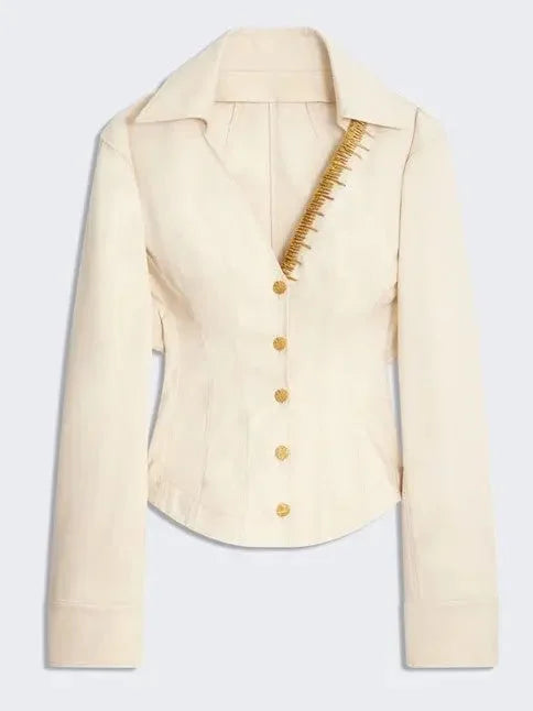 Gold Metal Detailed Denim Shirt Jacket - Tops