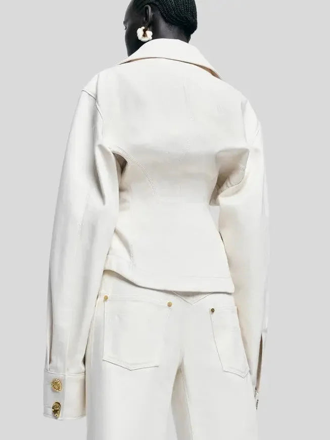 Gold Metal Detailed Denim Shirt Jacket - Tops