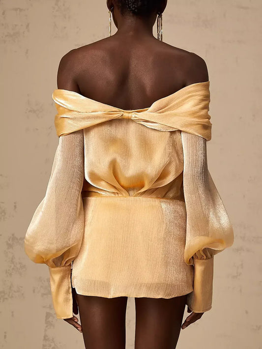Luxurious satin Gold Off-Shoulder Rhinestone-Embellished Mini Dress with balloon sleeves