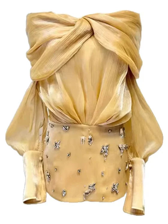 Gold Off-Shoulder Rhinestone-Embellished Mini Dress in luxurious satin fabric
