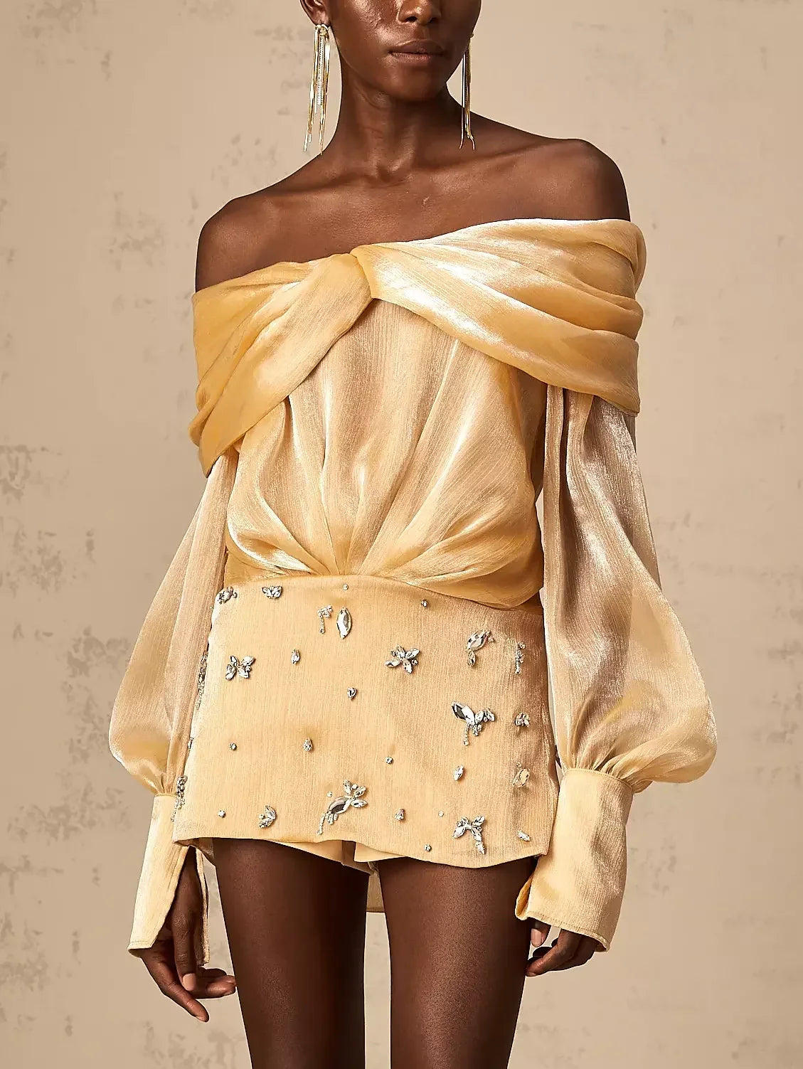 Gold Off-Shoulder Rhinestone-Embellished Mini Dress featuring a luxurious satin design