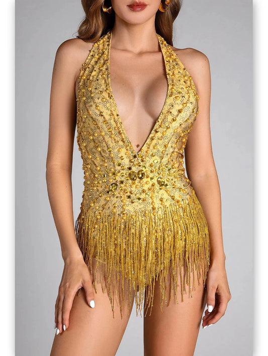 Gold Pearl and Rhinestone-Embellished Deep V-Neck Fringe Jumpsuit - Suits & Sets