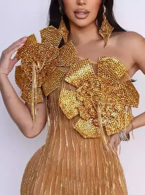 Gold Rhinestone-Fringe Dress with Large Embellished Flower Appliques displayed elegantly