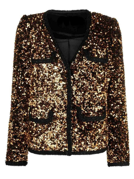 Gold-Sequin Embellished Black Blazer Jacket - Jackets