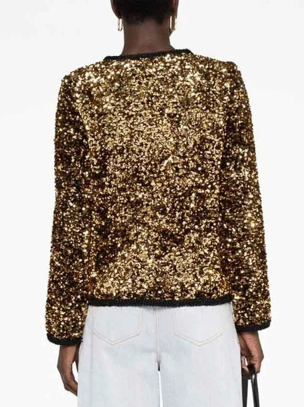 Gold-Sequin Embellished Black Blazer Jacket - Jackets