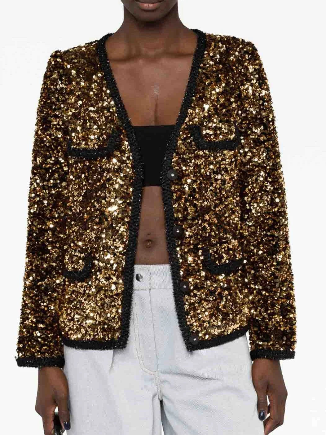 Gold-Sequin Embellished Black Blazer Jacket - Jackets