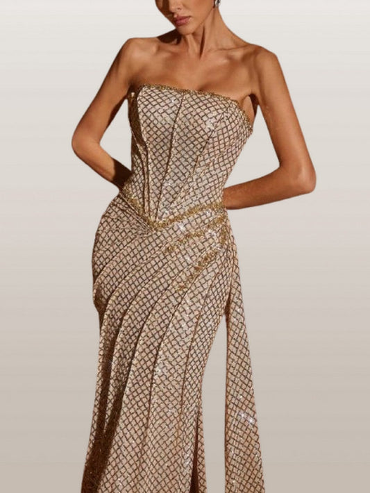 Gold Sequin Embellished Strapless Gown - Dresses