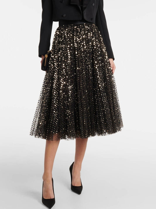 Gold Sequin-Embroidered Black Tulle Skirt - Skirts