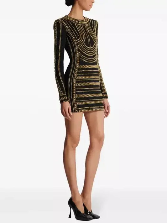 Gold-Stud-Embellished Black Mini Dress - Dresses