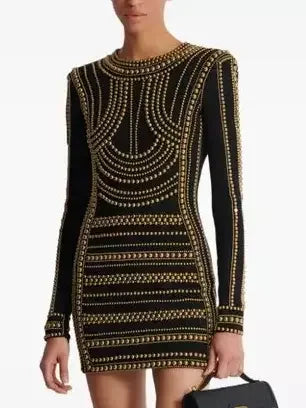 Gold-Stud-Embellished Black Mini Dress - Dresses