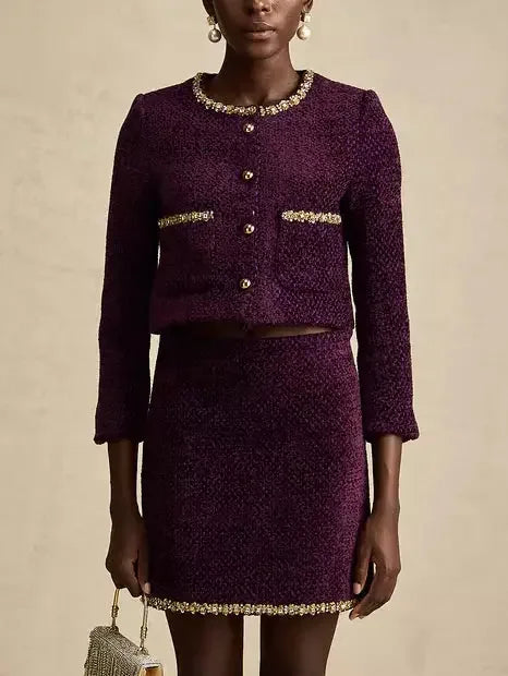 Gold-Trim Crystal Tweed Cropped Jacket and Skirt Set in Purple - Suits & Sets