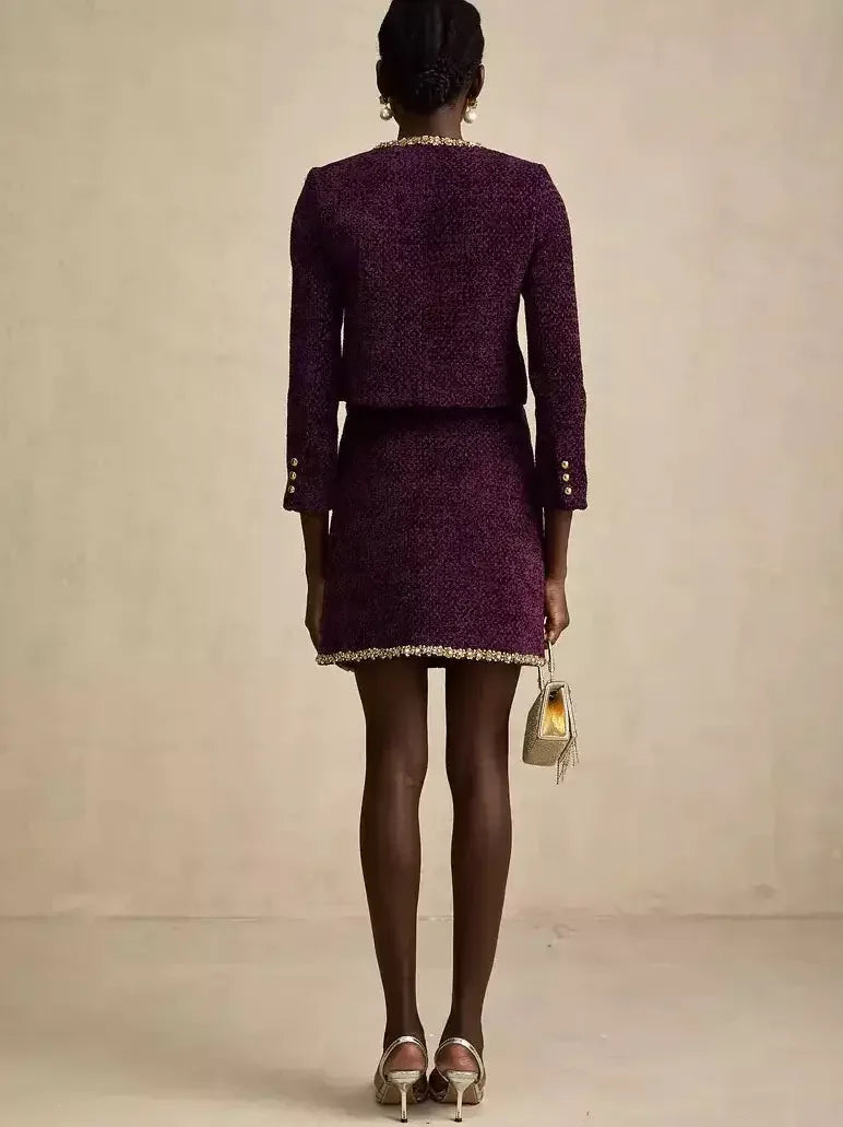Gold-Trim Crystal Tweed Cropped Jacket and Skirt Set in Purple - Suits & Sets