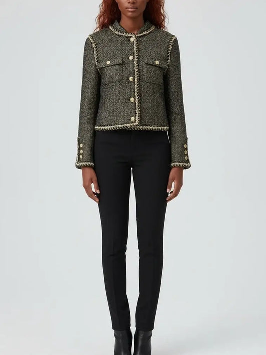 Gold-Trimmed Tweed Jacket with Decorative Buttons - Jackets