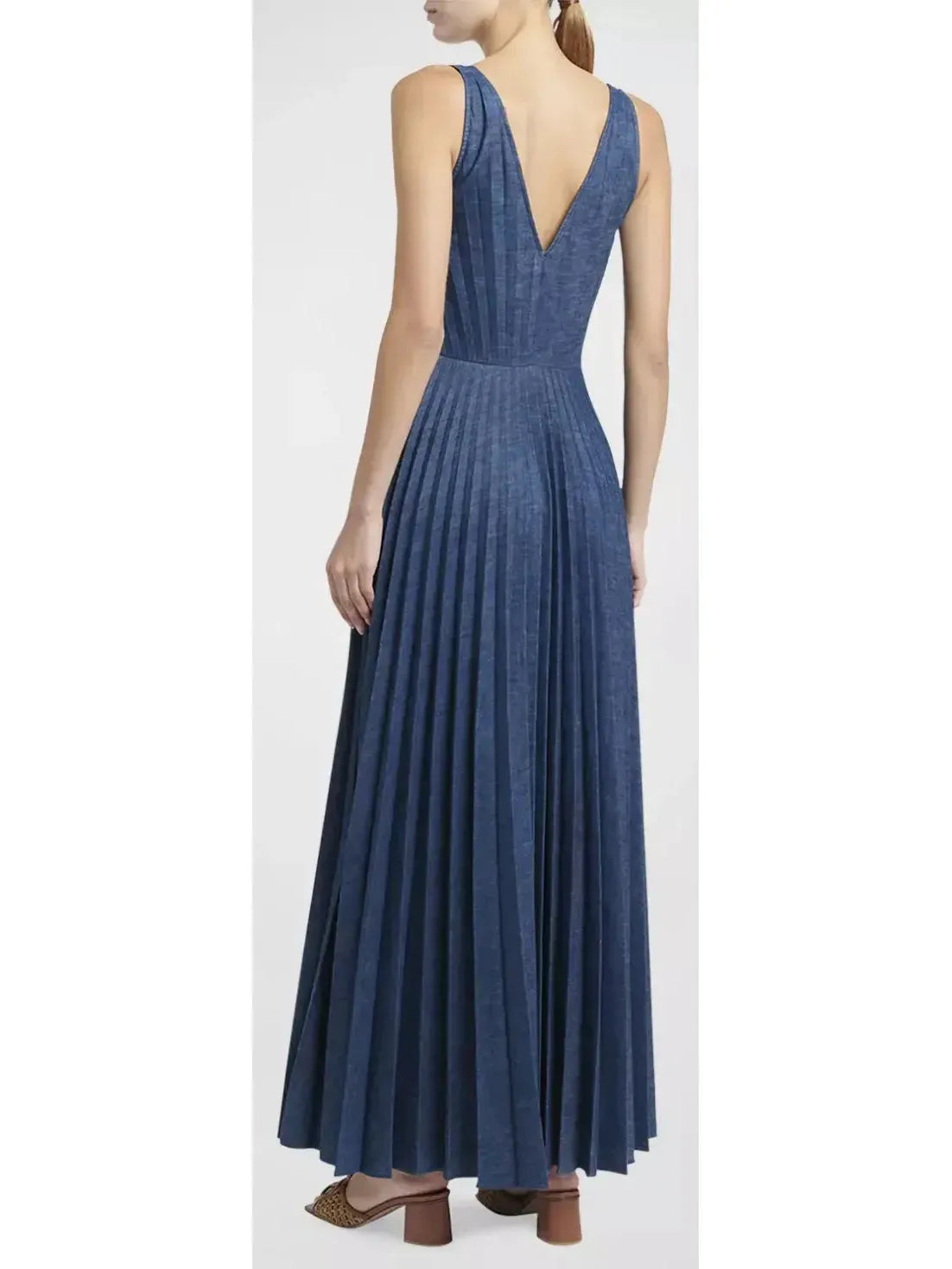 Gold-V Pleated Long Denim Dress - Dresses