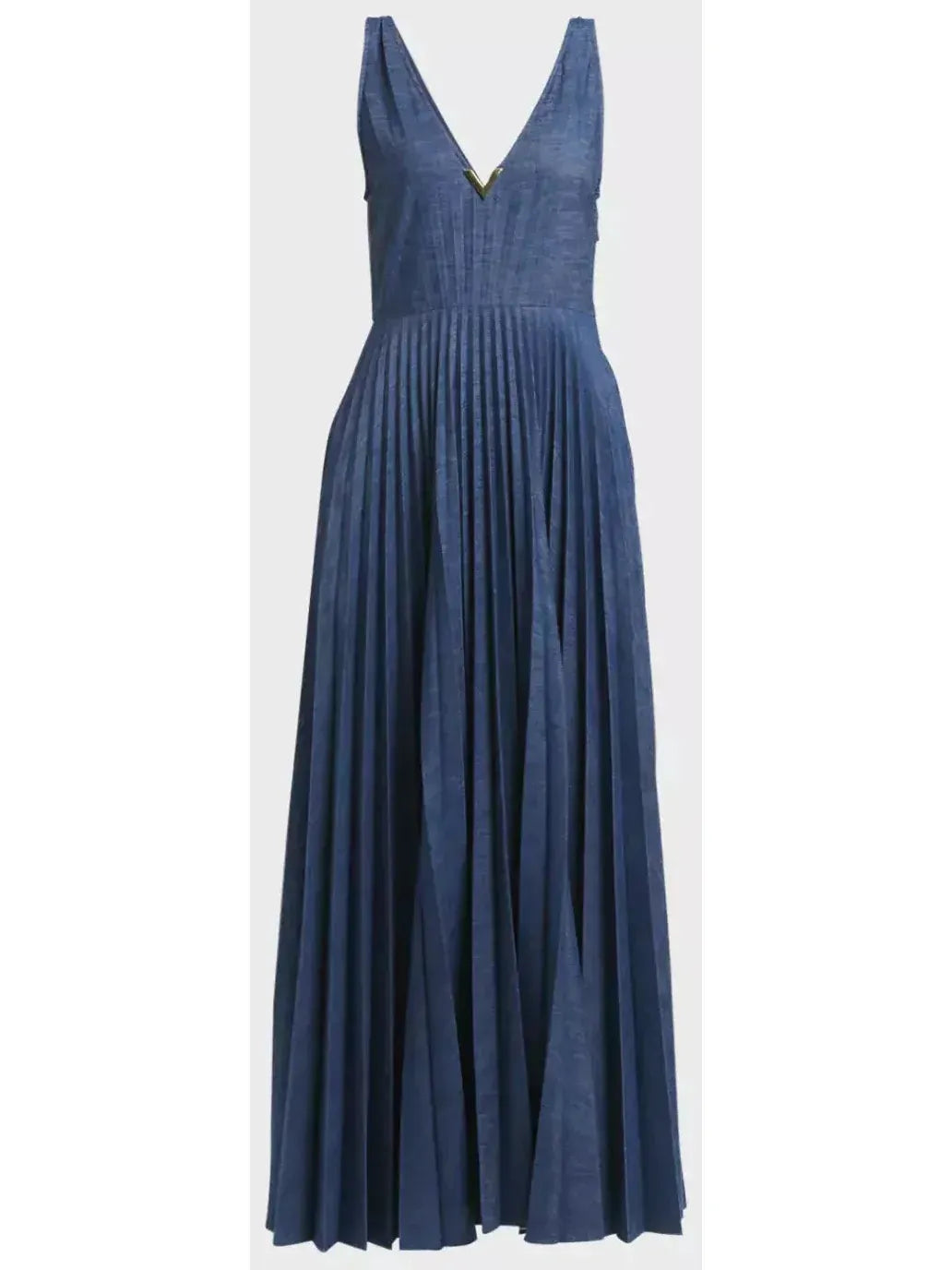 Gold-V Pleated Long Denim Dress - Dresses