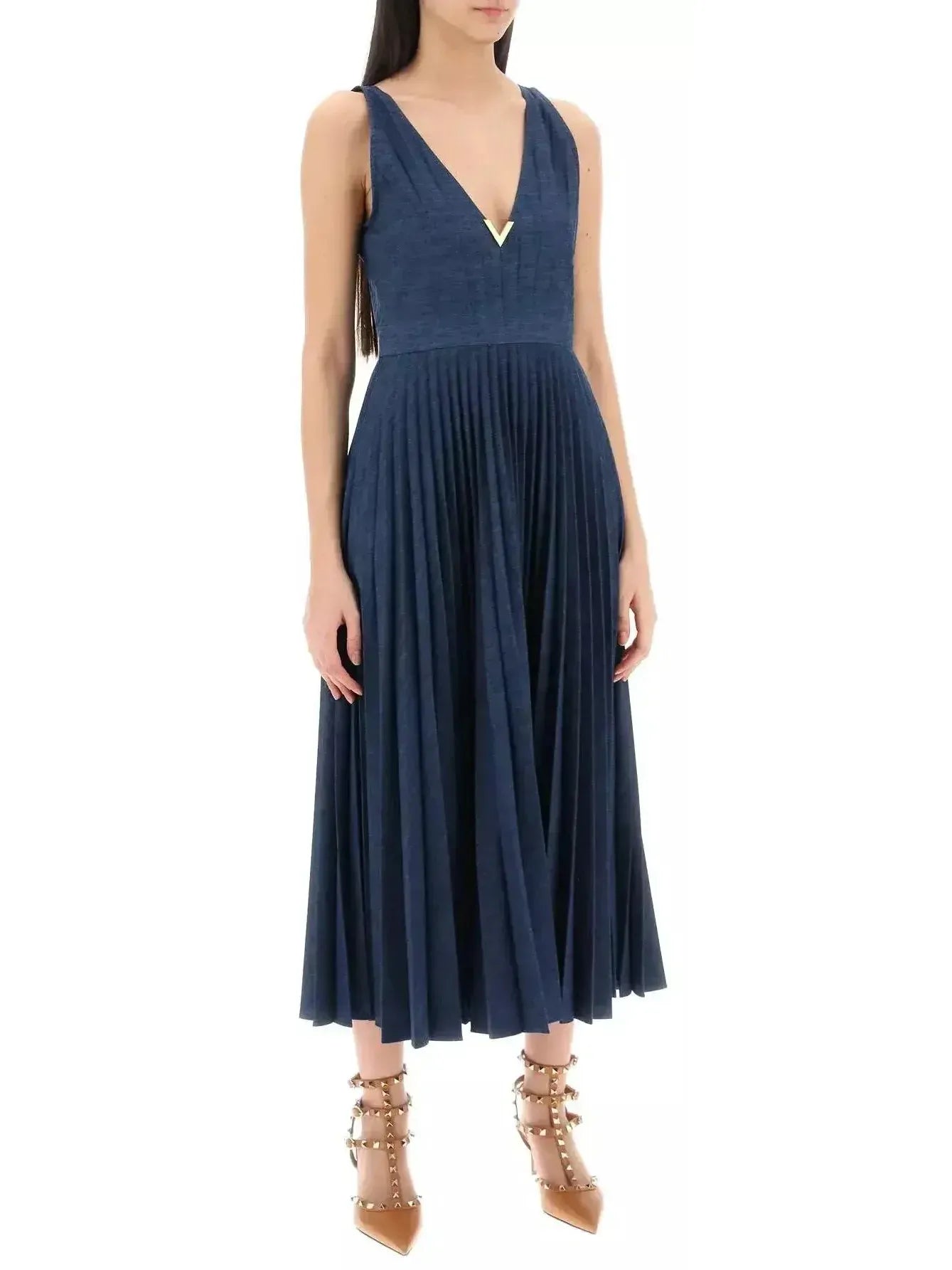 Gold-V Pleated Long Denim Dress - Dresses