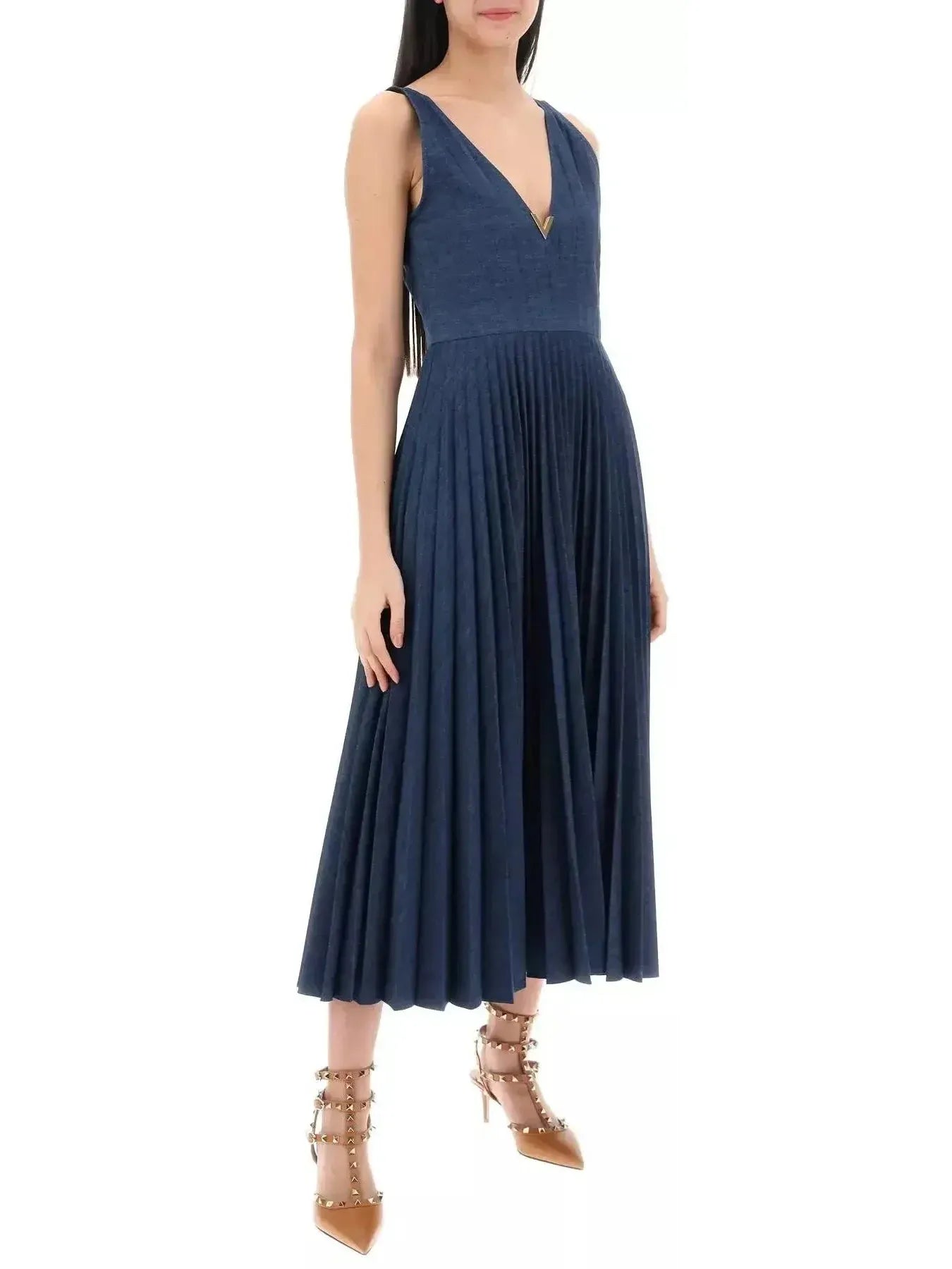 Gold-V Pleated Long Denim Dress - Dresses
