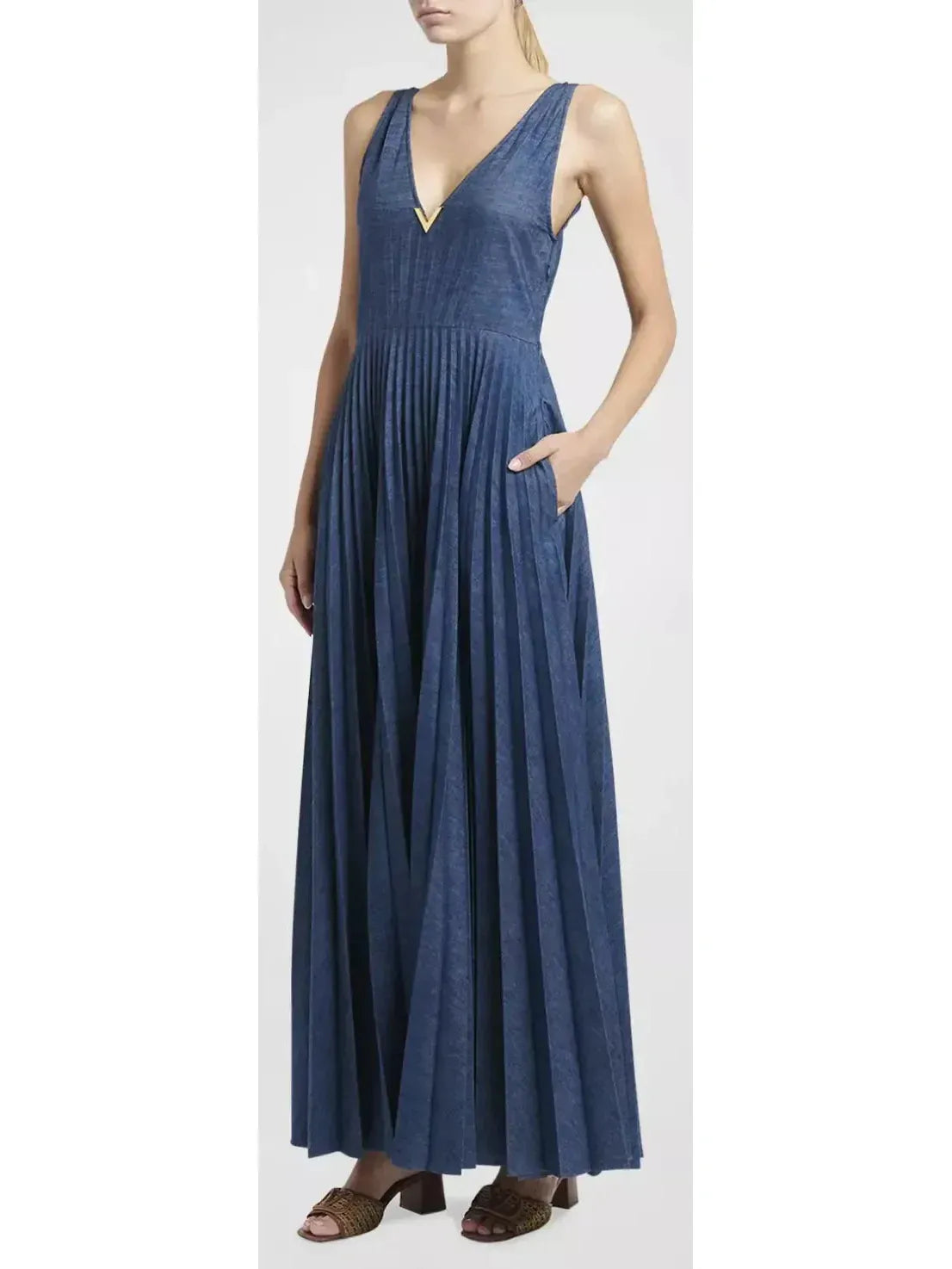 Gold-V Pleated Long Denim Dress - Dresses