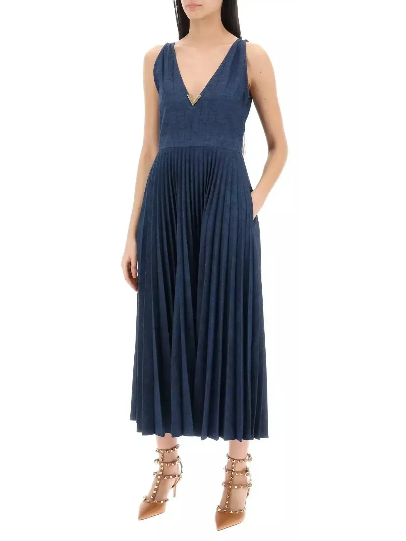 Gold-V Pleated Long Denim Dress - Dresses