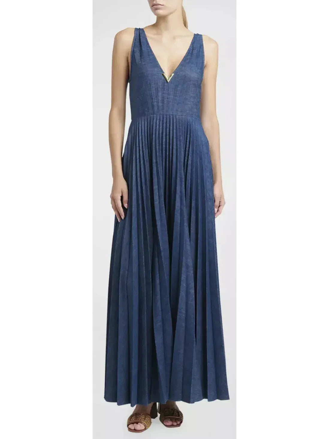 Gold-V Pleated Long Denim Dress - Dresses