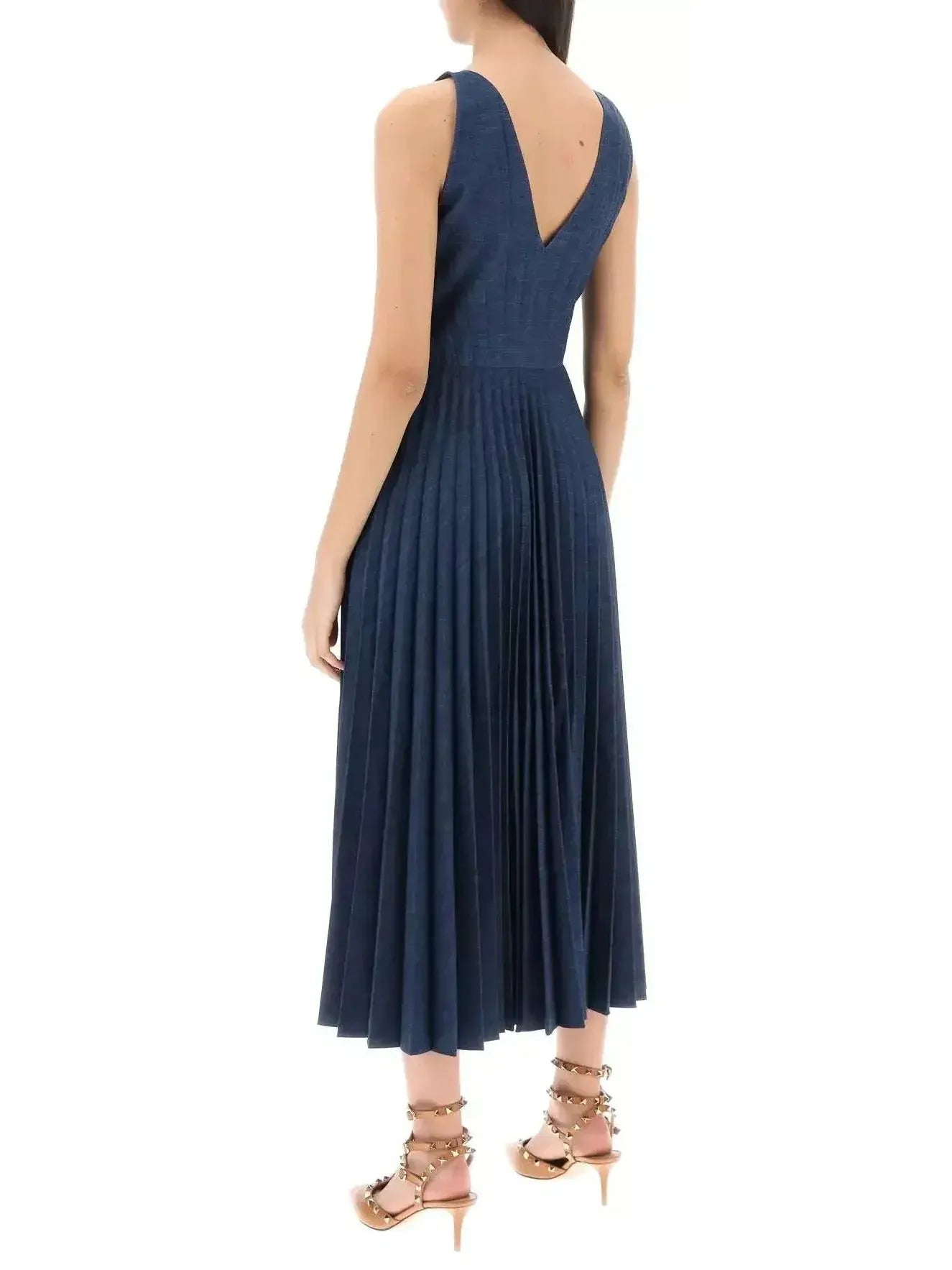 Gold-V Pleated Long Denim Dress - Dresses