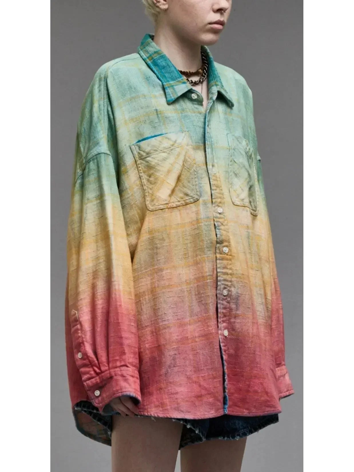 Gradient Rainbow Plaid Cotton Shirt - Tops