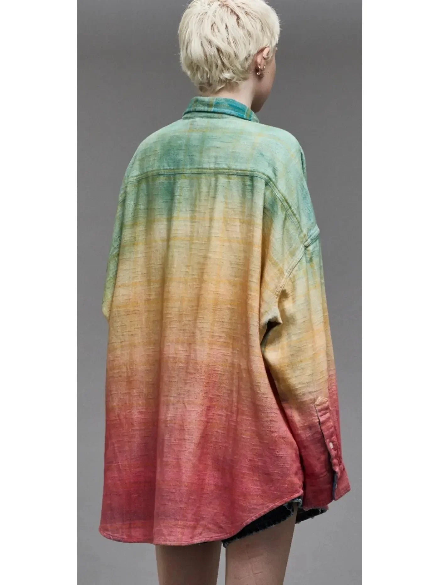 Gradient Rainbow Plaid Cotton Shirt - Tops