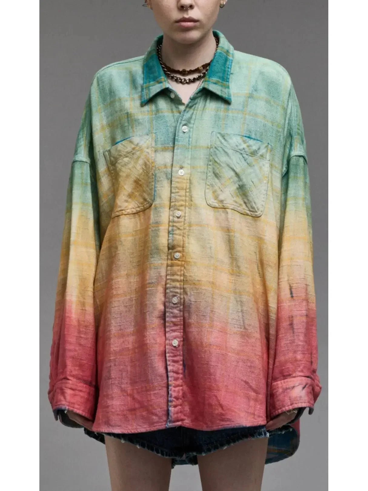 Gradient Rainbow Plaid Cotton Shirt - Tops