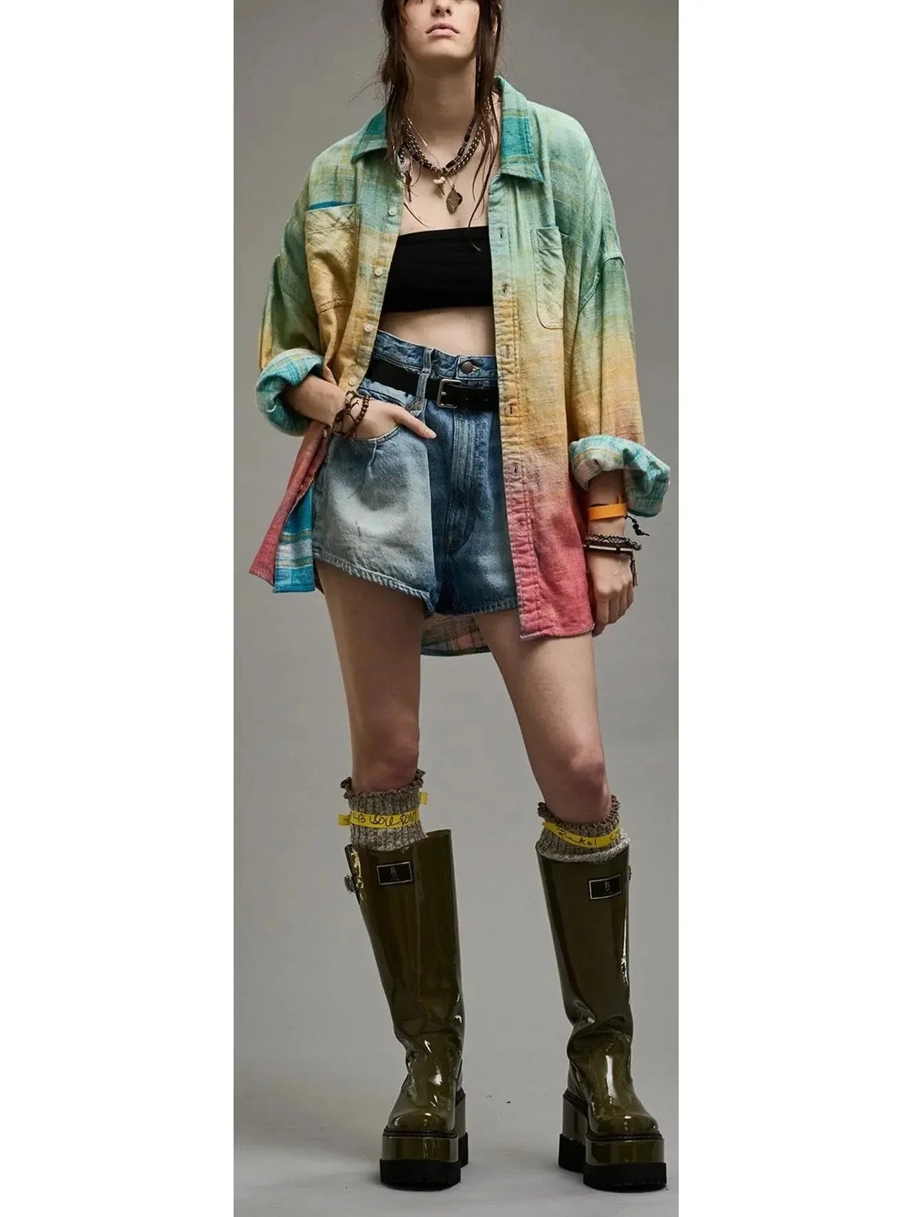 Gradient Rainbow Plaid Cotton Shirt - Tops