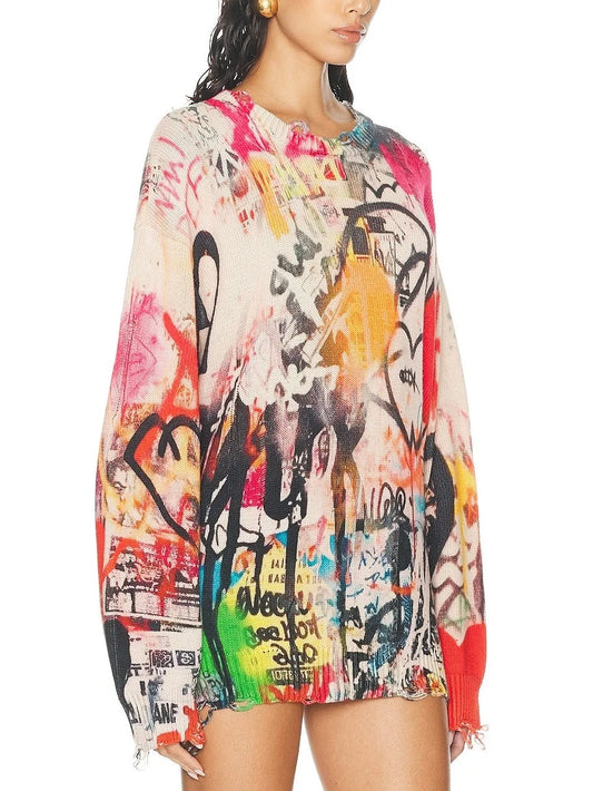 Graffiti Printed Multicolor Distressed Sweater - Sweaters & Knitwear