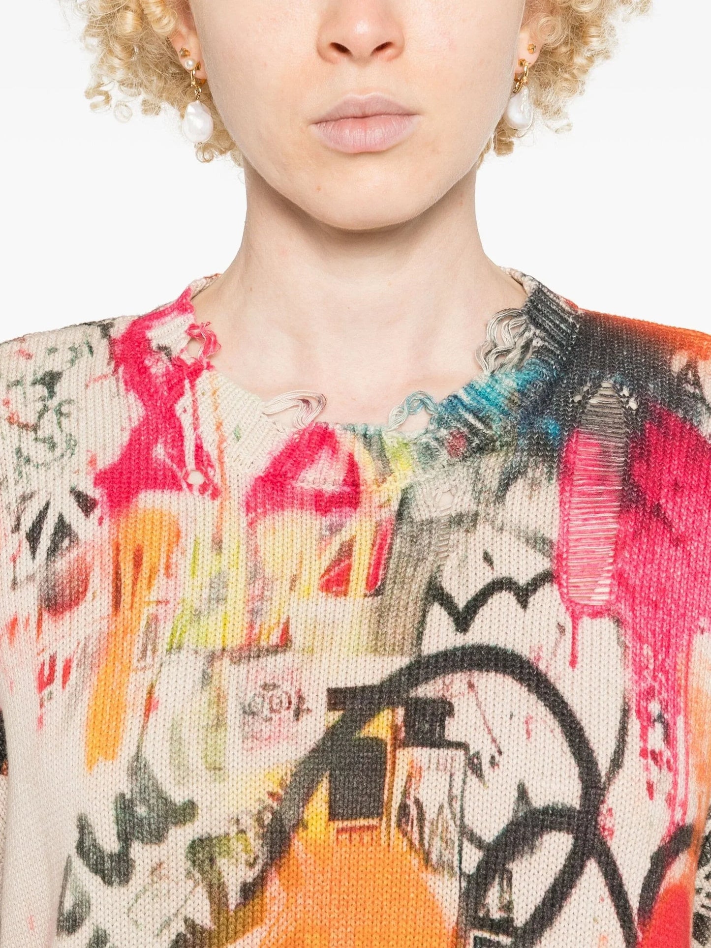 Graffiti Printed Multicolor Distressed Sweater - Sweaters & Knitwear