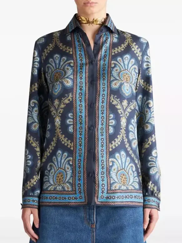 Graphic Print Silk Shirt - Tops