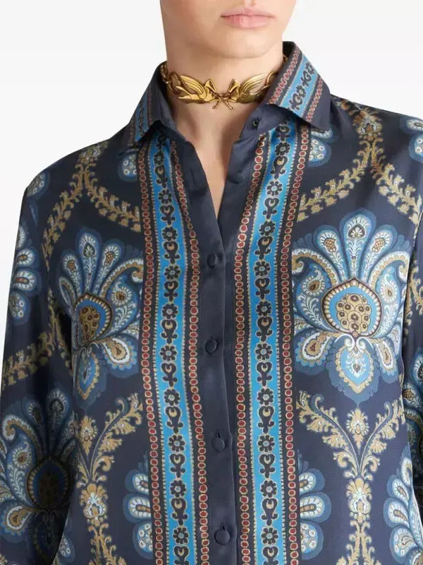 Graphic Print Silk Shirt - Tops