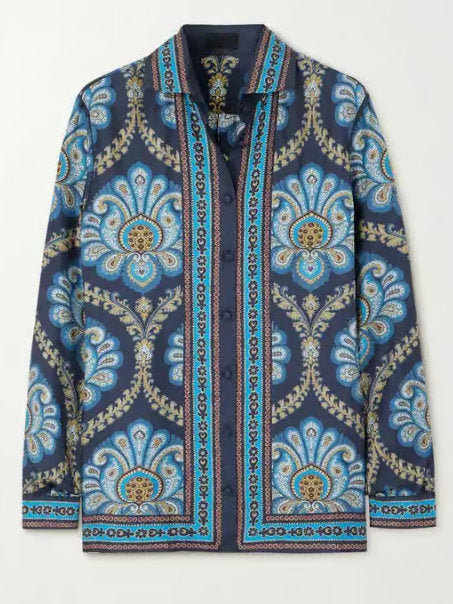 Graphic Print Silk Shirt - Tops