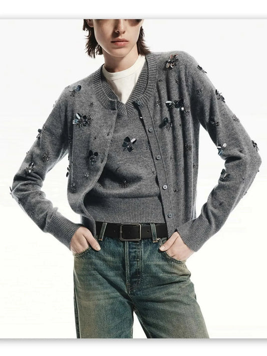 Gray Paillette and Sequin Embroidered Wool Cardigan - Sweaters & Knitwear