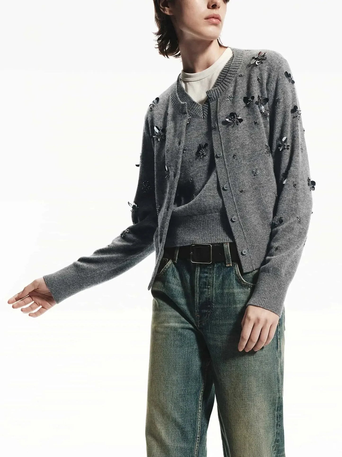 Gray Paillette and Sequin Embroidered Wool Cardigan - Sweaters & Knitwear