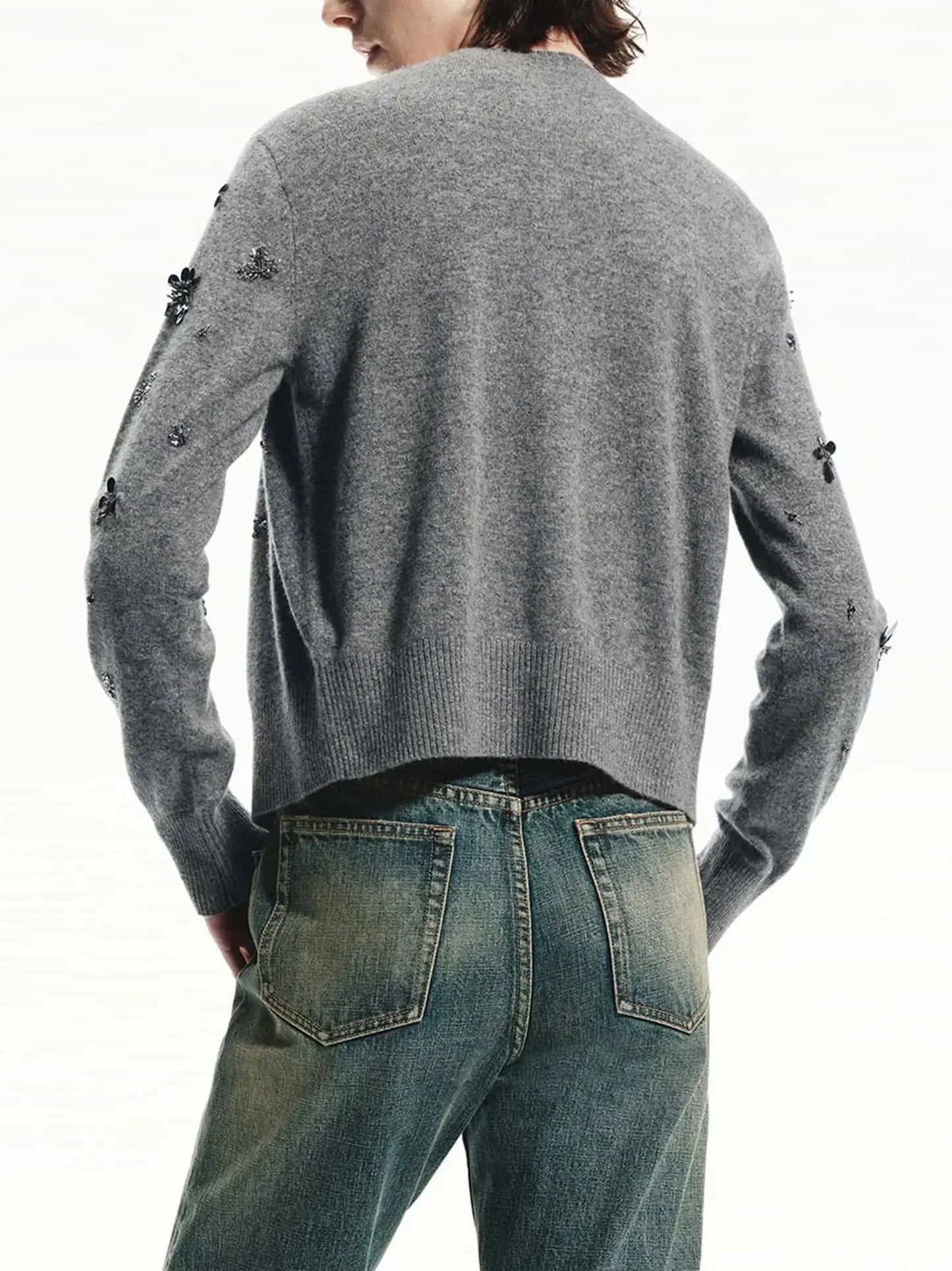 Gray Paillette and Sequin Embroidered Wool Cardigan - Sweaters & Knitwear