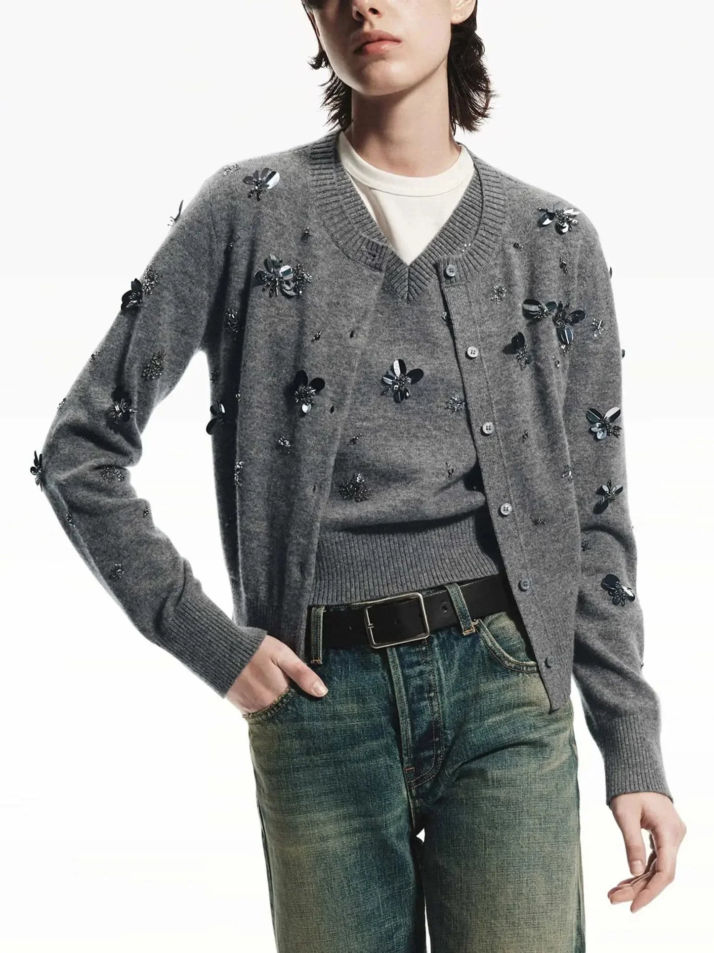 Gray Paillette and Sequin Embroidered Wool Cardigan - Sweaters & Knitwear
