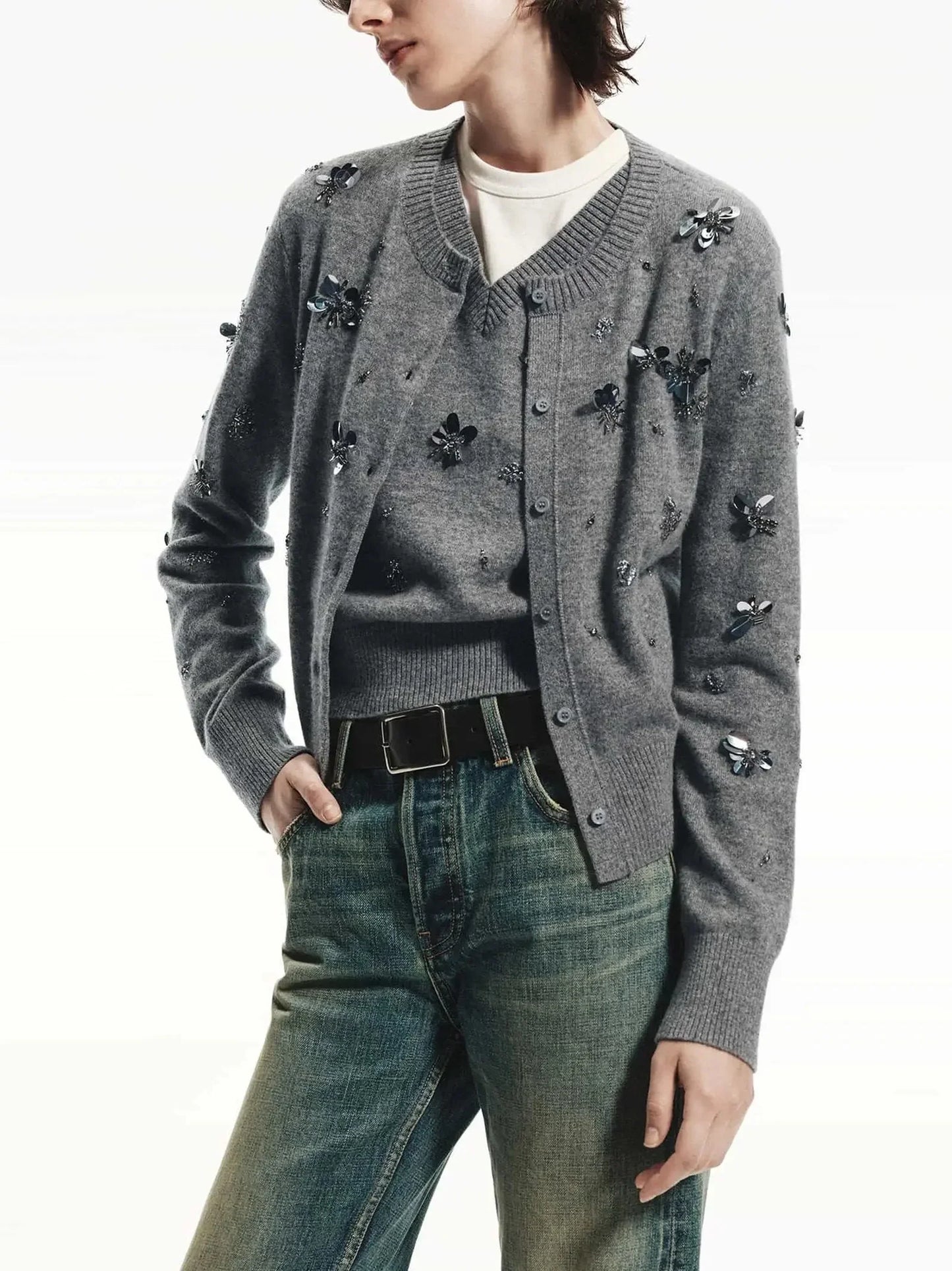Gray Paillette and Sequin Embroidered Wool Cardigan - Sweaters & Knitwear