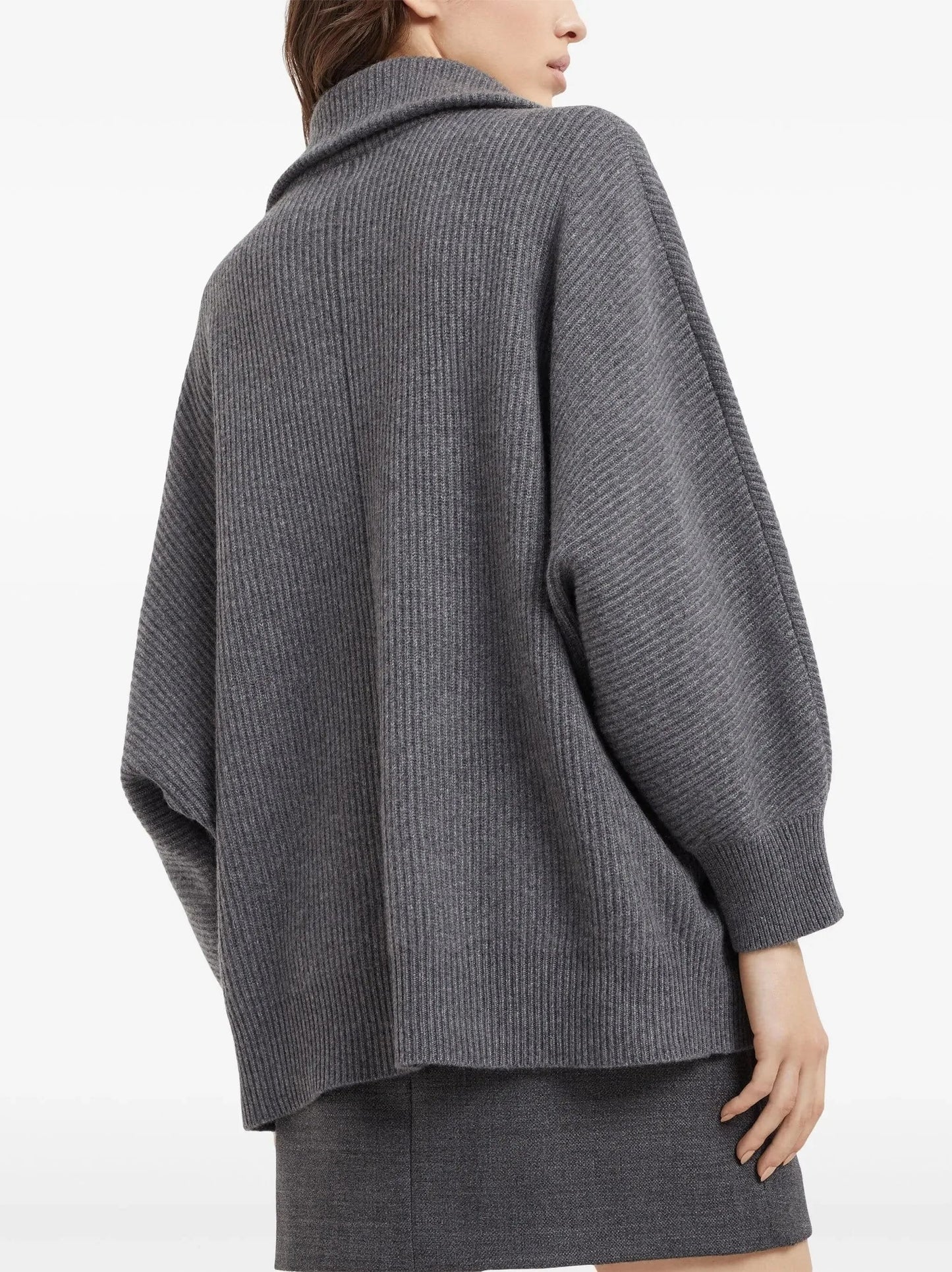 Gray Ribbed Knit Zip-Front Sweater with Flower Embroidery - Sweaters & Knitwear