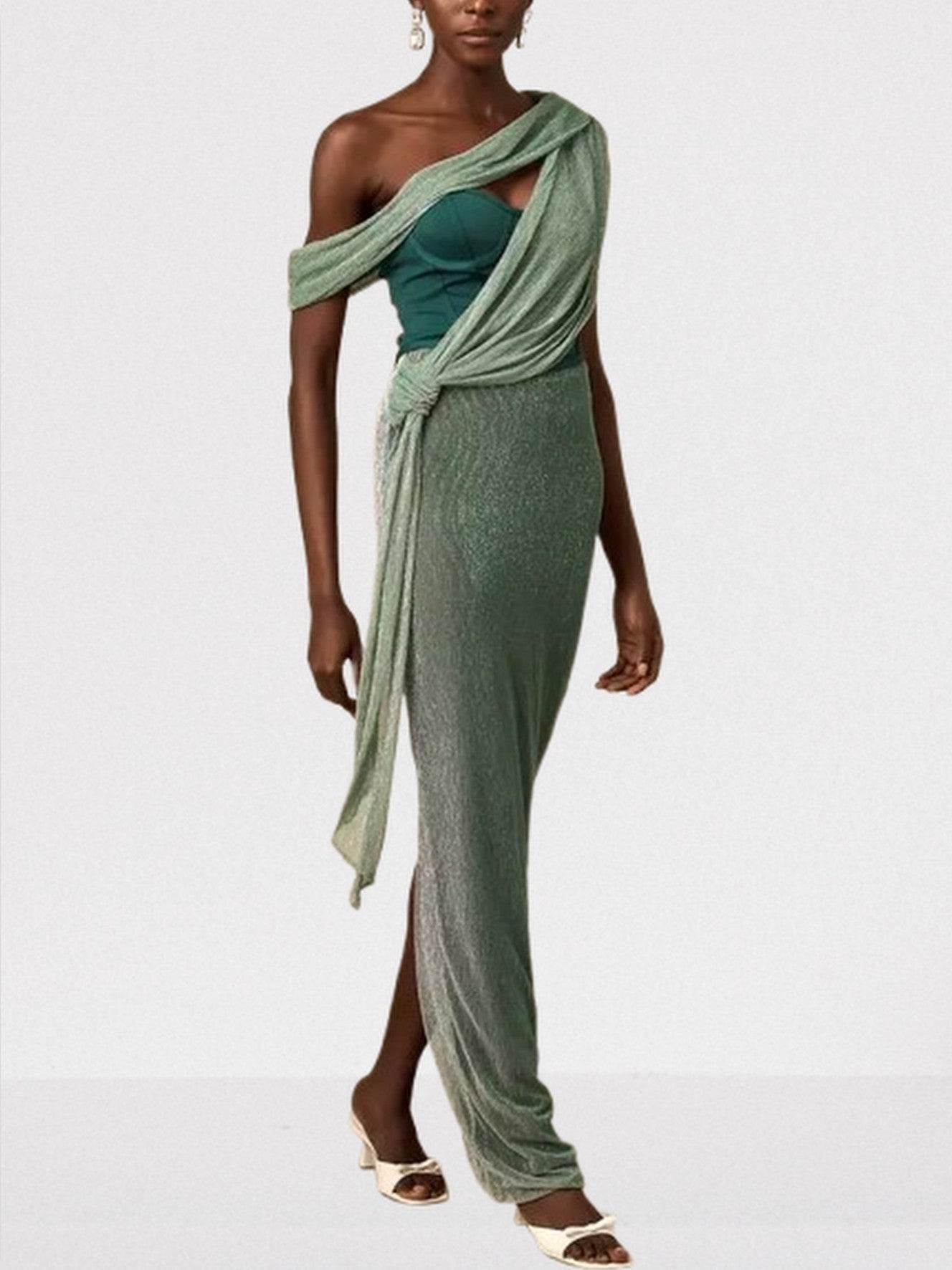 Green Corset Glitter Draped Sash Maxi Dress - Dresses
