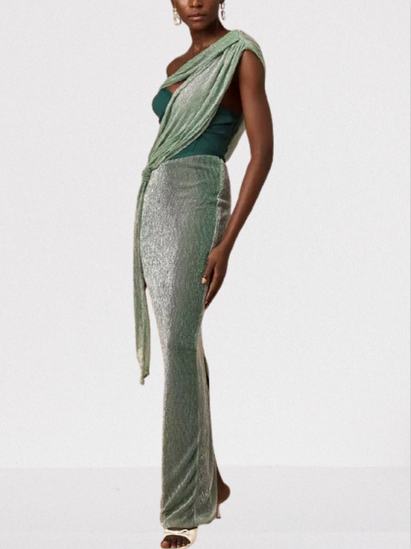 Green Corset Glitter Draped Sash Maxi Dress - Dresses