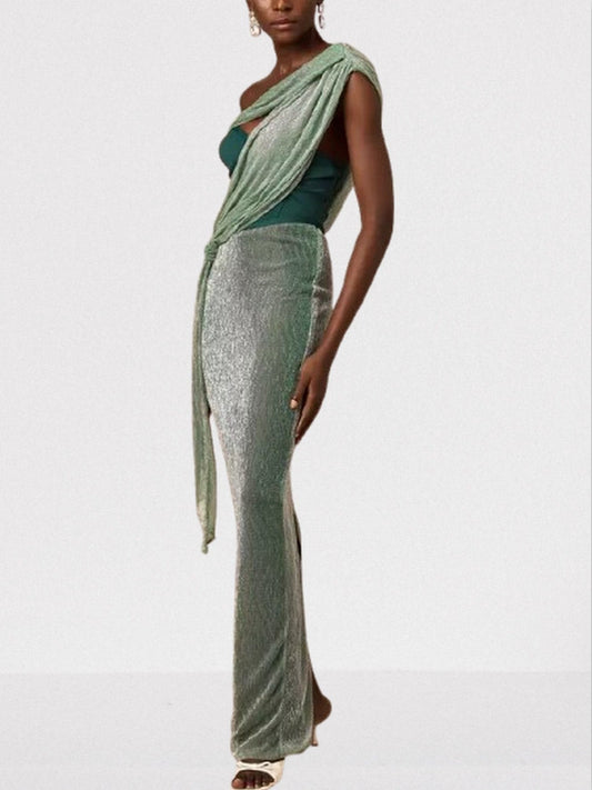 Green Corset Glitter Draped Sash Maxi Dress - Dresses