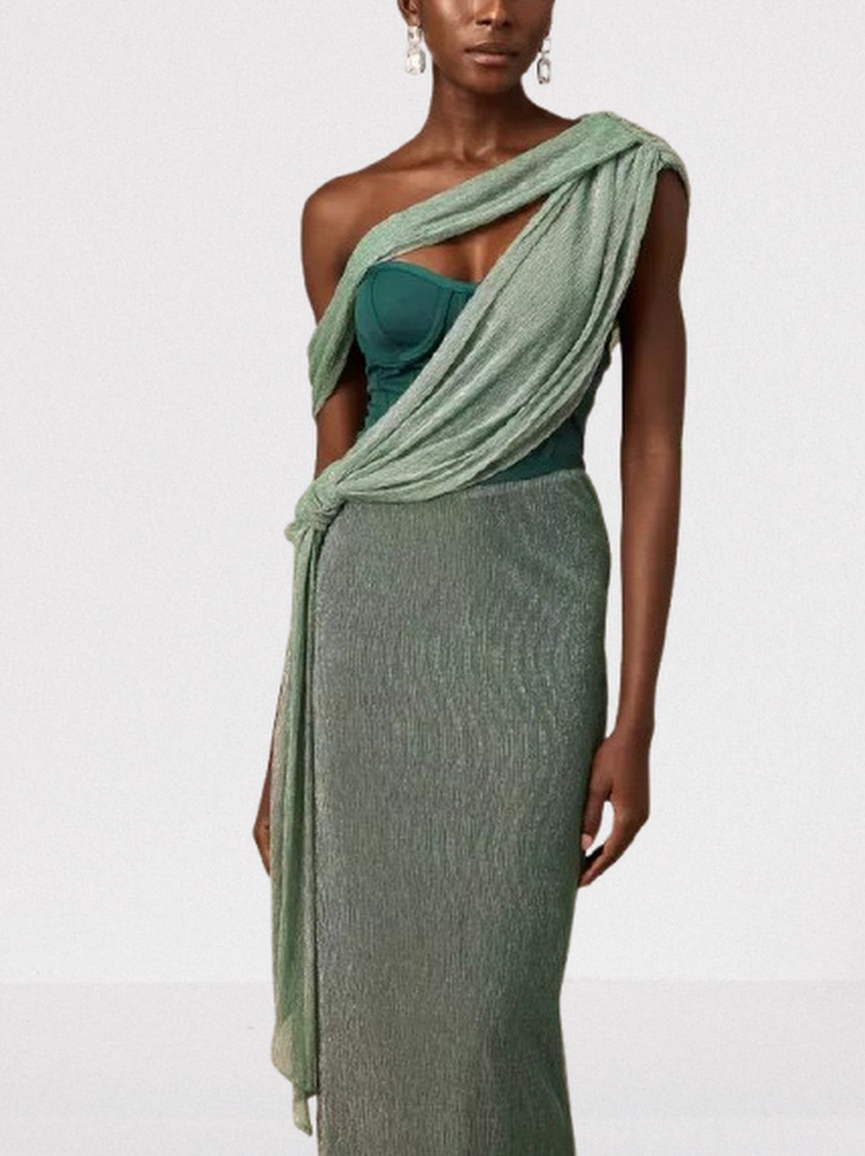 Green Corset Glitter Draped Sash Maxi Dress - Dresses