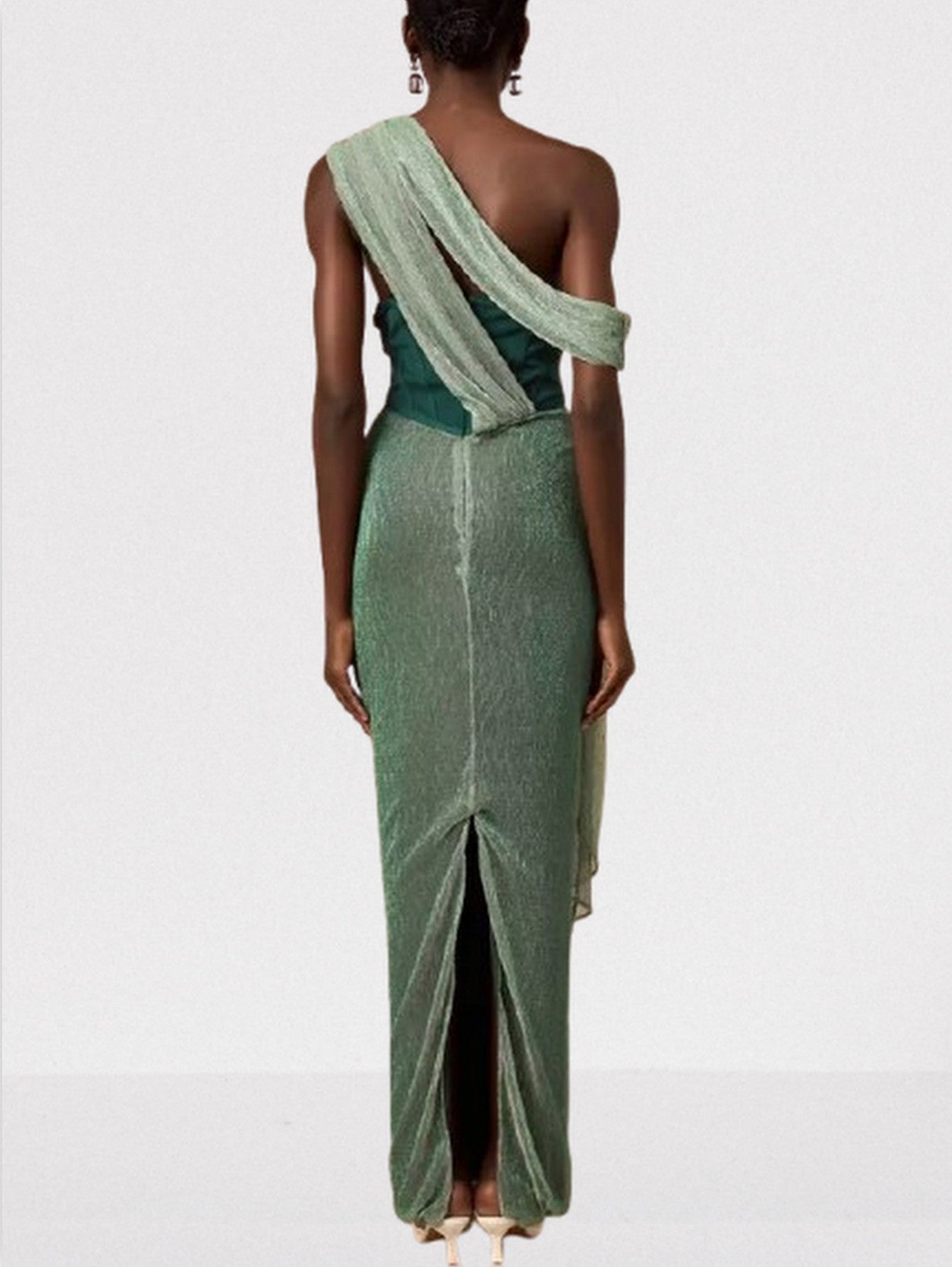 Green Corset Glitter Draped Sash Maxi Dress - Dresses